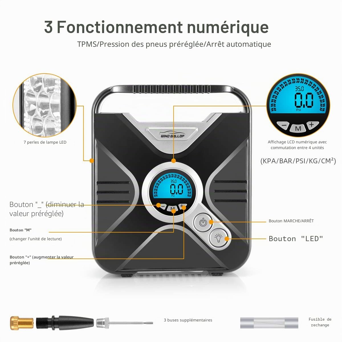 WindGallop Compresseur à Air Portable Gonfleur Electrique Gonfleur Pneus Voiture Mini Compresseur Voiture 12V Pompe A Velo Electrique avec Manomètre, Adaptateurs De Valve Et éclairage LED