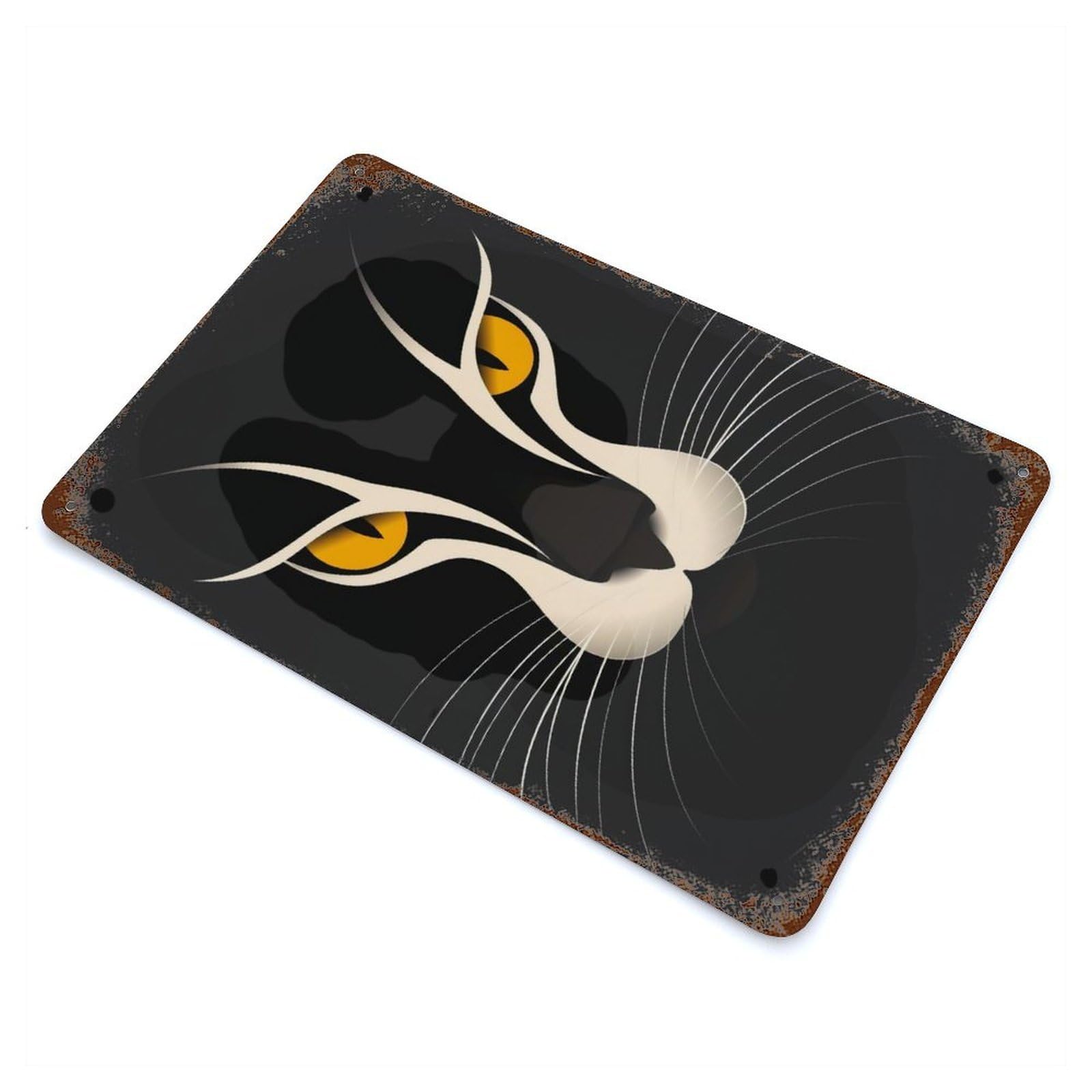 Rust Effect Minimalist Cat Vector Portrait with Golden Eyes Vintage Rust Metal Sign 11.8"x7.9", Farmhouse Wall Decor for Basement, Hobby Room And Garage Decor