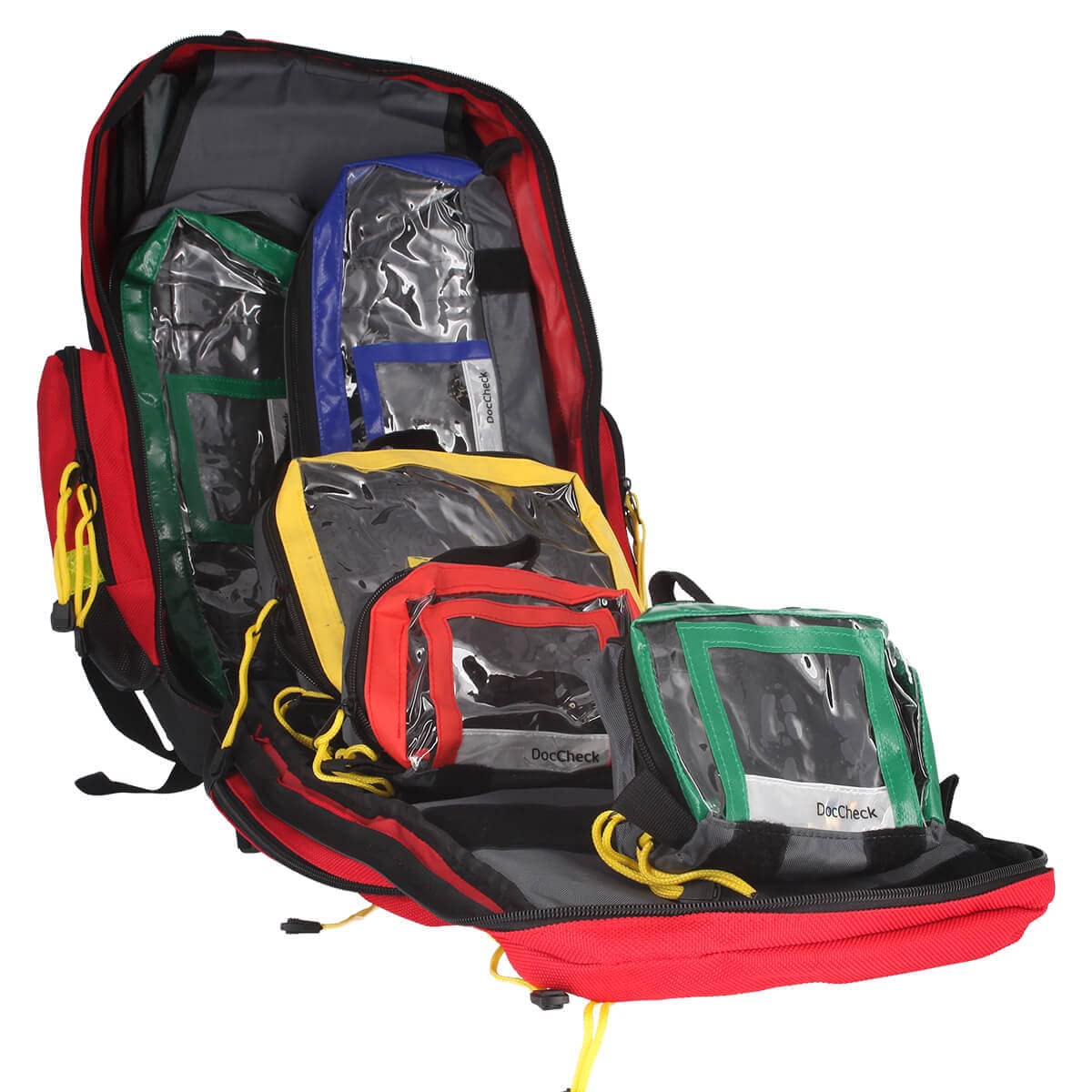 Rettungsrucksack Huck – Profi-Notfallrucksack (Rot), Strapazierfähig, Robuste Reißverschlüsse, 2-geteiltes Hauptfach, Seiten- und Dokumentenfächer, Inkl. 5 Modultaschen, Maße: 45x24x18 cm