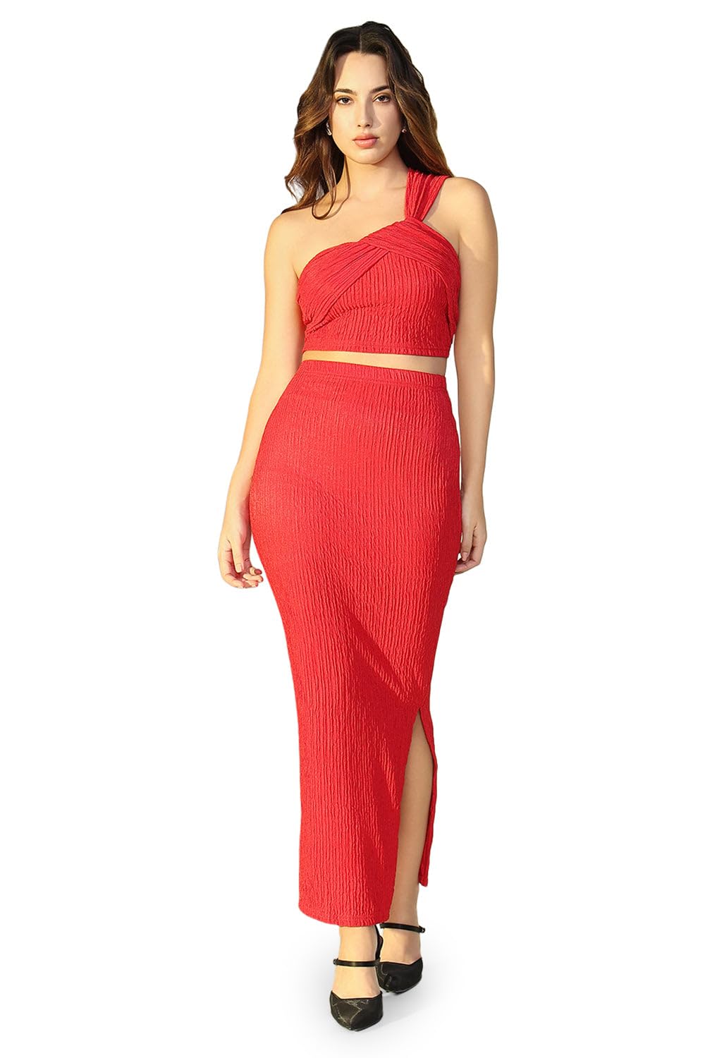 showoffff Edition Women’s Textured Red One-Shoulder Crop Top & Skirt Co-Ord Set-CHN-2323_Red-picture-35
