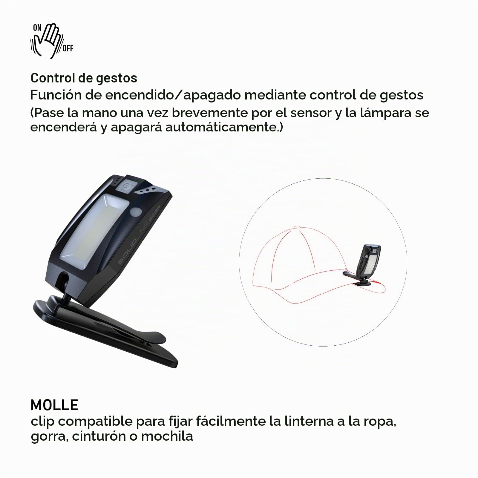 Solidline SC4R - Lámpara LED con clip (recargable, 200 lúmenes, 75 horas de duración, incluye cable USB) sensor de encendido y apagado