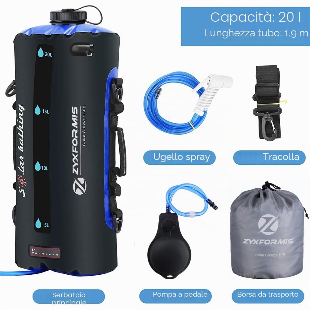 Borsa da Campeggio Portatile, 20L Doccia Campeggio in TPU con tubo rimovibile lungo e pompa Ugello doccia e temperatura Display, Pieghevole leggero Borsa da Bagno per Escursionismo, Spiaggia