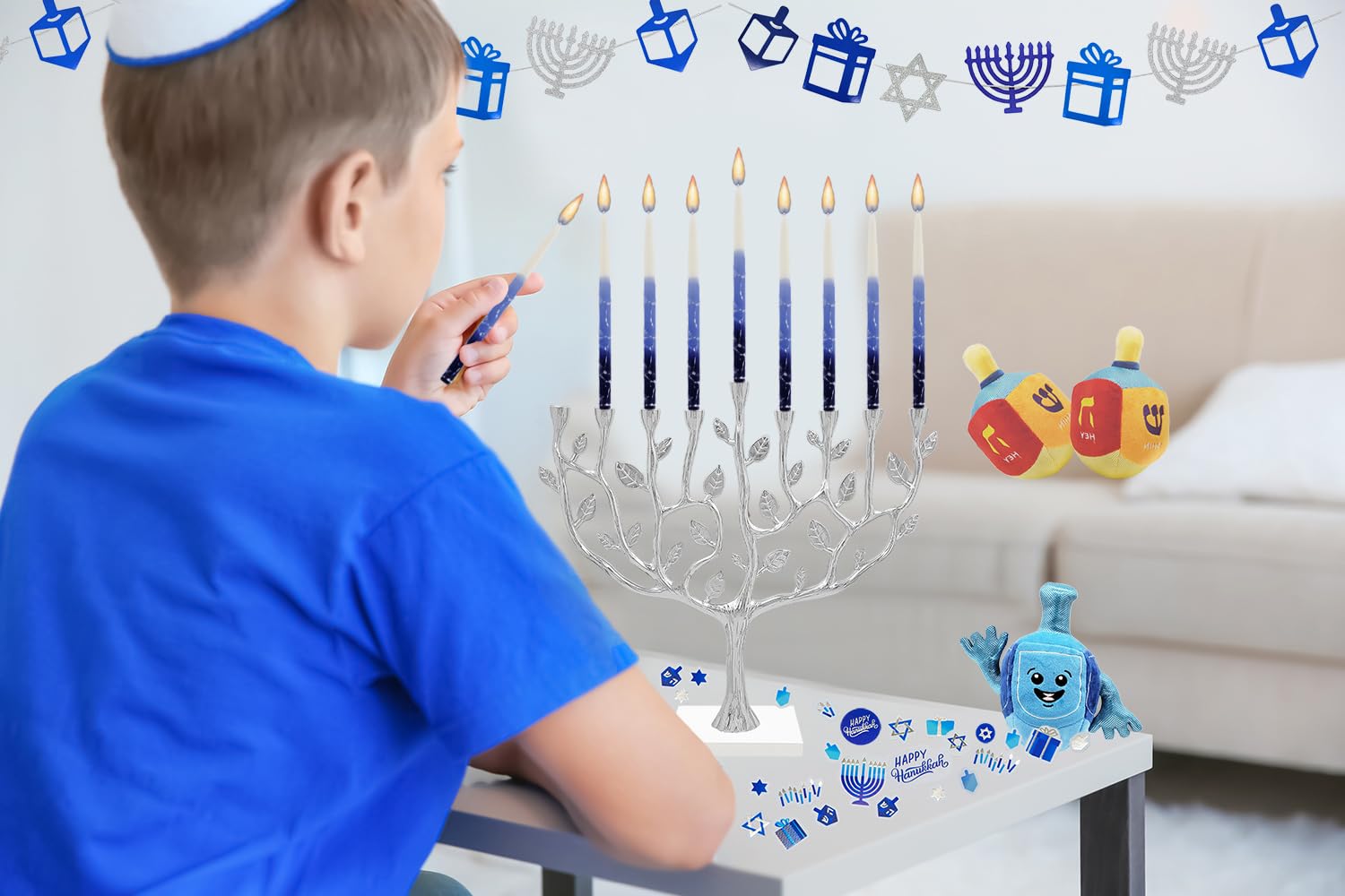 Świece Chanukah 45 świec chanukowych, dekoracyjne, fioletowe, z niebieskimi i zielonymi matowymi paskami - ręcznie robione w Izraelu (niebieski/jasnoniebieski/biały)
