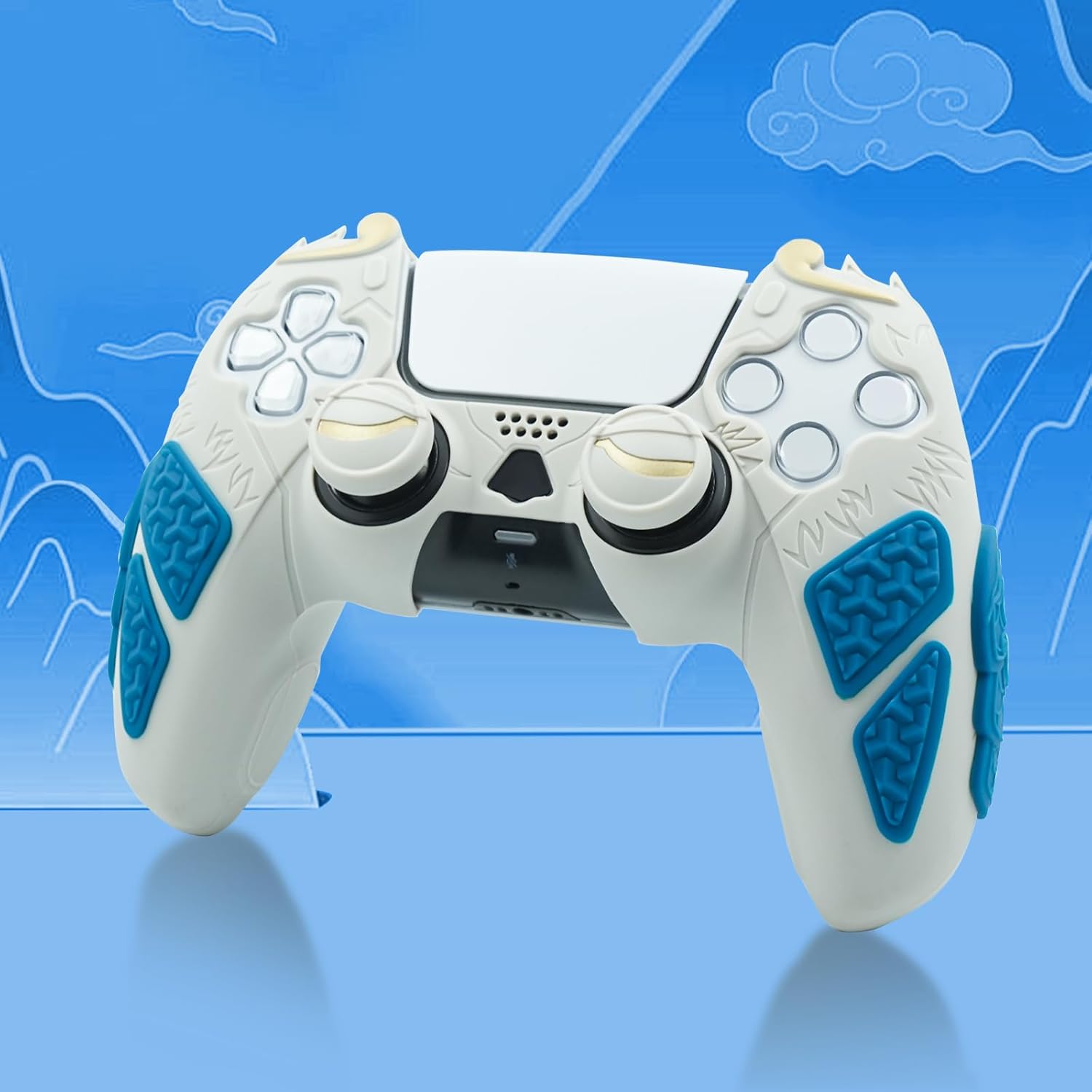 Grip Cover for PS5 Controller, Wukong-Inspired Ergonomic Silicone Cover with Fiery Eyes Joystick Caps, Chainmail Grip Design & Somersault Cloud Back (Grey) - Image 7