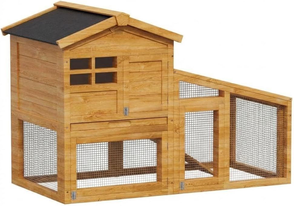 54" Rabbit Hutch, 2-Tier Wooden Bunny Cage with Non-Slip Ramp & Removable Tray, Indoor/Outdoor Bunny Cage with Weatherproof Asphalt Roof for Rabbits, Guinea Pigs, Chickens