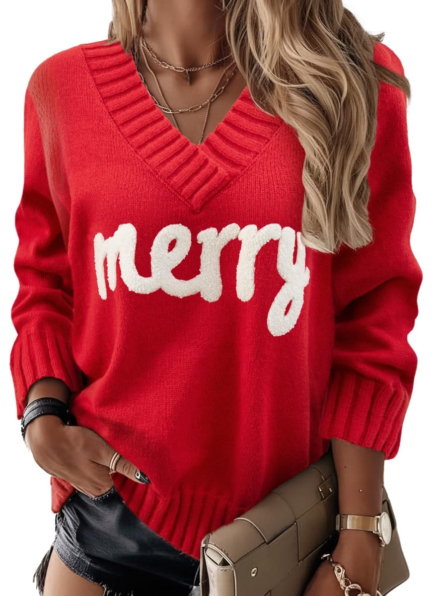 Beopjesk Womens V-Neck Christmas Knitted Sweaters Winter Vintage Merry and Bright Snowflake Xmas Holiday Pullover Tops