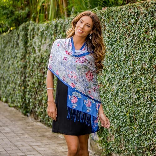 NOVICA Artisan handmade silk batik shawl blue accessories shawls multicolor patterned indonesia floral ' sapphire mums'2