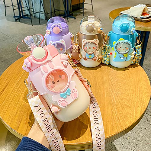 Kids Straw Cup Cute Water Bottle Leak-Proof Portable Plastic Cartoon Rabbit Child Summer Water Bottle With Straw Strap Easy To Carry Large Sport Water Bottle For Girl Women Travel School Pink 720Ml #TOP4