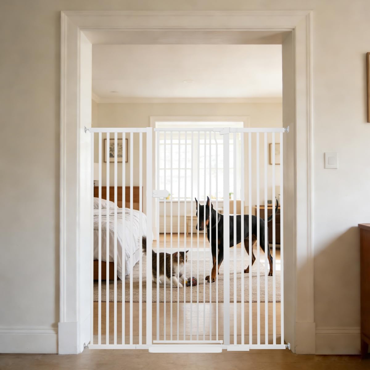 Lumizone 55.12" Extra Tall Pet Gate - Pressure Mounted, Auto-Close, One-Handed, Narrow 1.37" Gap for Cats & Dogs (29.92"-59.44"W, White)