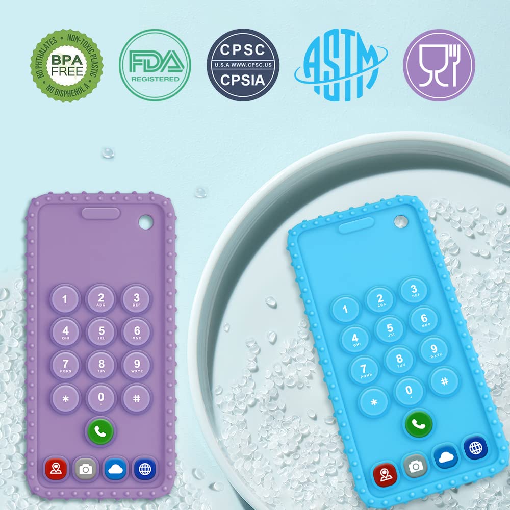 Teething Toys for Babies 0-6 Months, Teething Toys for Babies 6-12 Months,Phone Teether for Baby,Cellphone Shape Chew Toys for Toddler Boys and Girls(Blue+Purple)