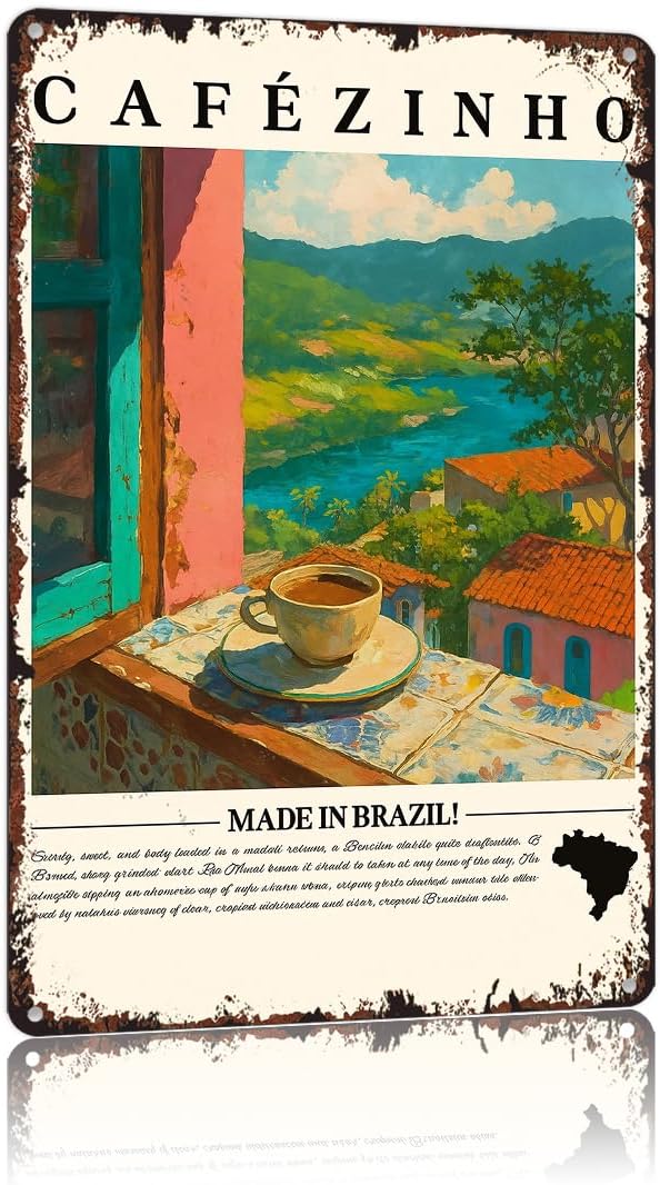 Cartel vintage Cafezinho divertido Brasil Café Brasil Cocina Latina Letrero de Metal Aluminio 8×12 pulgadas para Baño Dormitorio Sala de estar