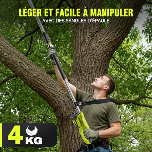 Alloyman Élagueur sur perche sans fil 20V MAX, élagueuse électrique avec tube d’extension, 2 batteries 20V 4,0 Ah et chargeur, lame de 20 cm, 4KG, vitesse de chaîne 5,5 m/s, lubrification automatique – vue 7