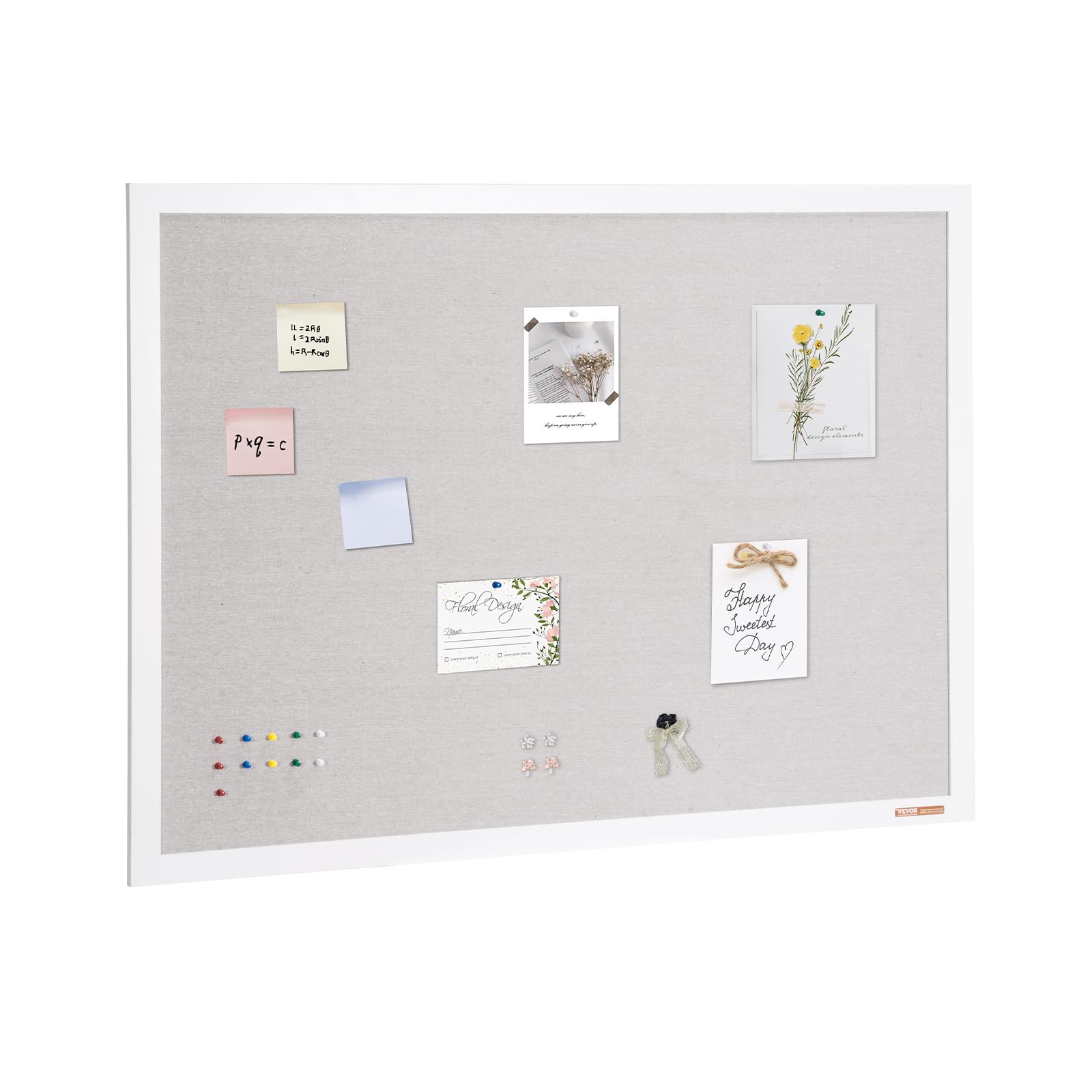VEVOR Tablero de Corcho Blanco con Superficie de Lino 1200 x 900 mm Tablón de Anuncios de Pared con Marco de Madera Blanco Tablón de Anuncios Elegante y Funcional para Hogar, Escuela, Oficina