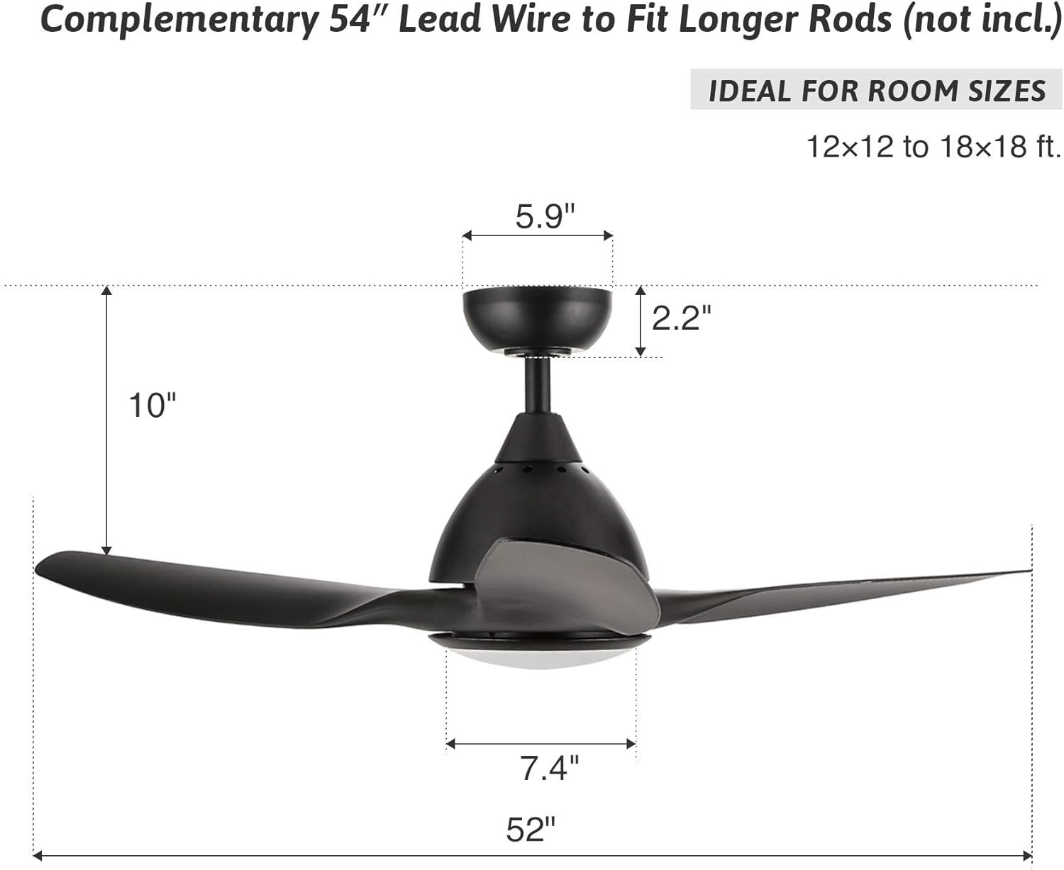 Diagram showing the dimensions of the CO-Z 52-inch ceiling fan, including blade length, downrod length, and canopy size.