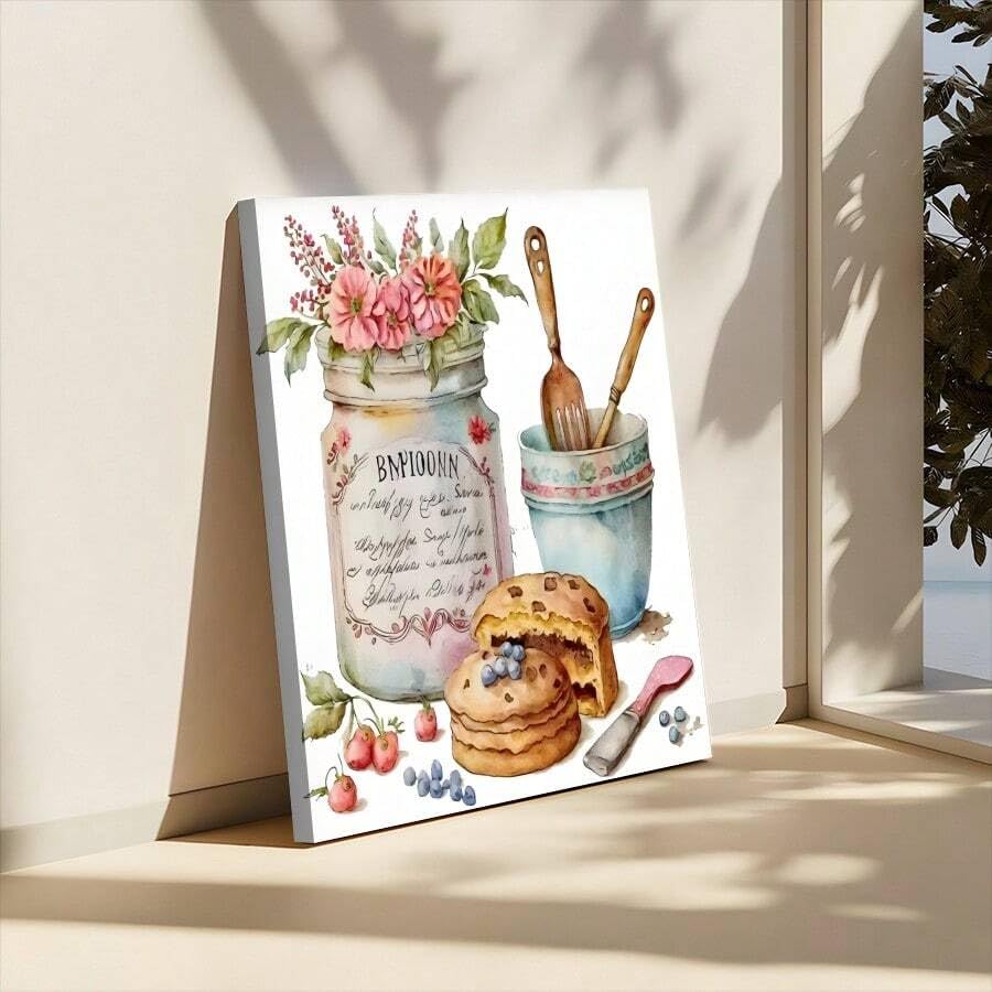 Affiche Cuisine Rustique Vintage avec Fleurs et Ustensiles Ferme Toile Texturée 40x60cm