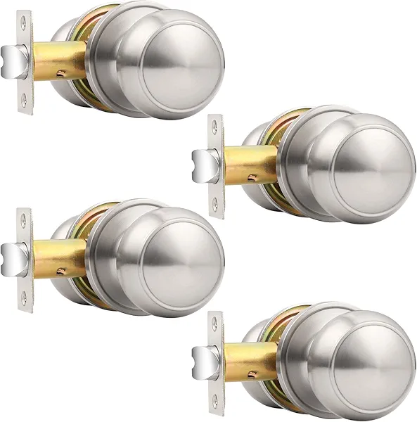 Probrico Brushed Nickel Passage Door Knobs Round Handles for Hall or Closet Knobs Keyless Hardware, 4 Pack