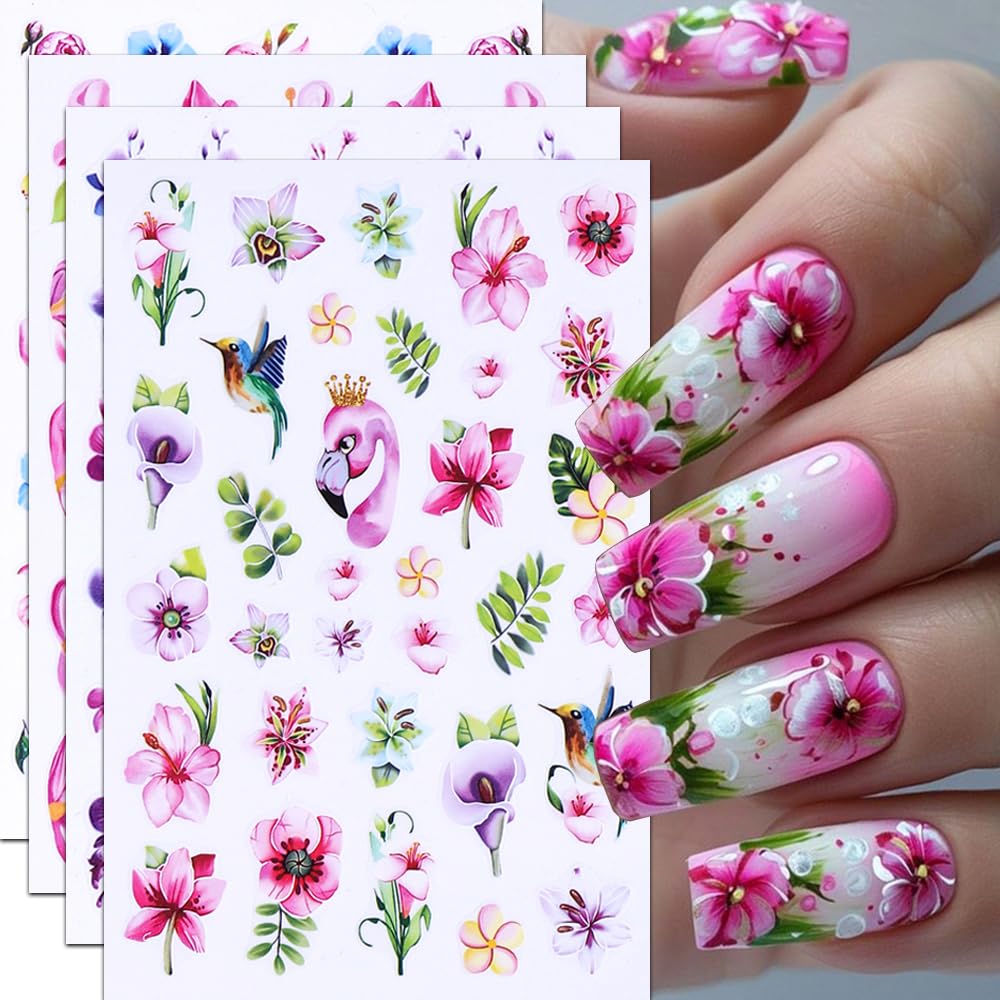 Flower Nail Stickers for Nail Art Spring Flowers Nail Art Stickers Colorful Floral Plant Nail Decals 4PCS Self Adhesive Pink Red Purple Blossom
