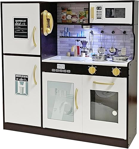Juego de juguetes de cocina de madera con luz, juego de cocina para niños, fregadero con grifo, horno, microondas, juego de utensilios de cocina