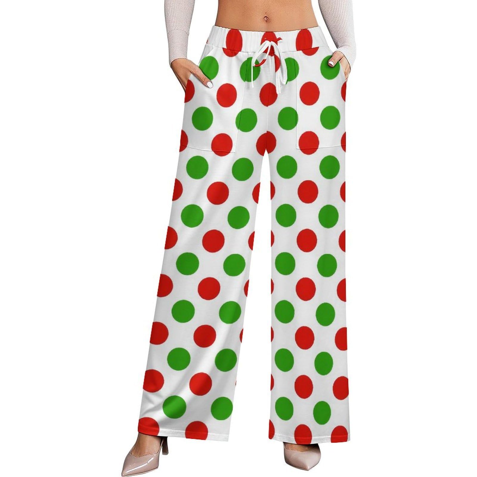 Dyale Red Green Polka Dots Womens Wide Leg Pants High Waisted Elastic Casual Sports Pants S