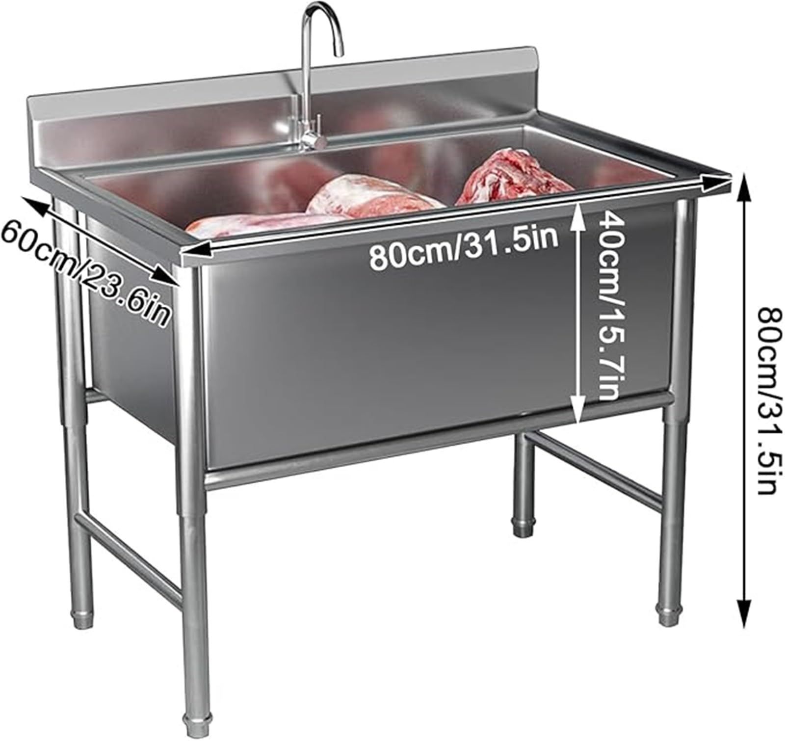 Fregadero Independiente Acero Inoxidable Solo Seno Fregadero Utilitario Comercial For Restaurantes, Con Kit Desagüe Y Grifo for Restaurantes, Lavanderías Y Garajes(80cm)