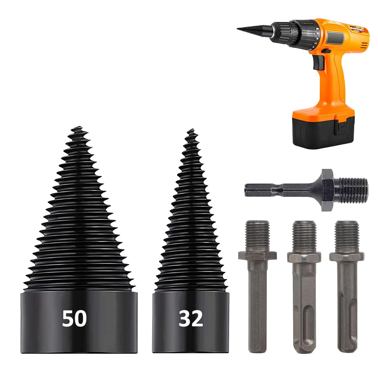 (incomplete)6PCS Firewood Log Splitter Drill Bit Set, Heavy-Duty Detachable Log Splitting Drill Bit for Effortless Wood Log Splitting (Round Square Hexagon Handle+32mm+50mm)