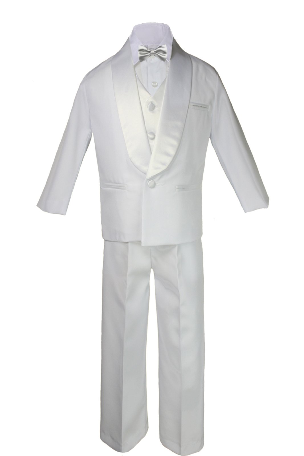 5-7pc Boy White Satin Shawl Lapel Suits Tuxedo Silver Satin Bow tie Sm-7