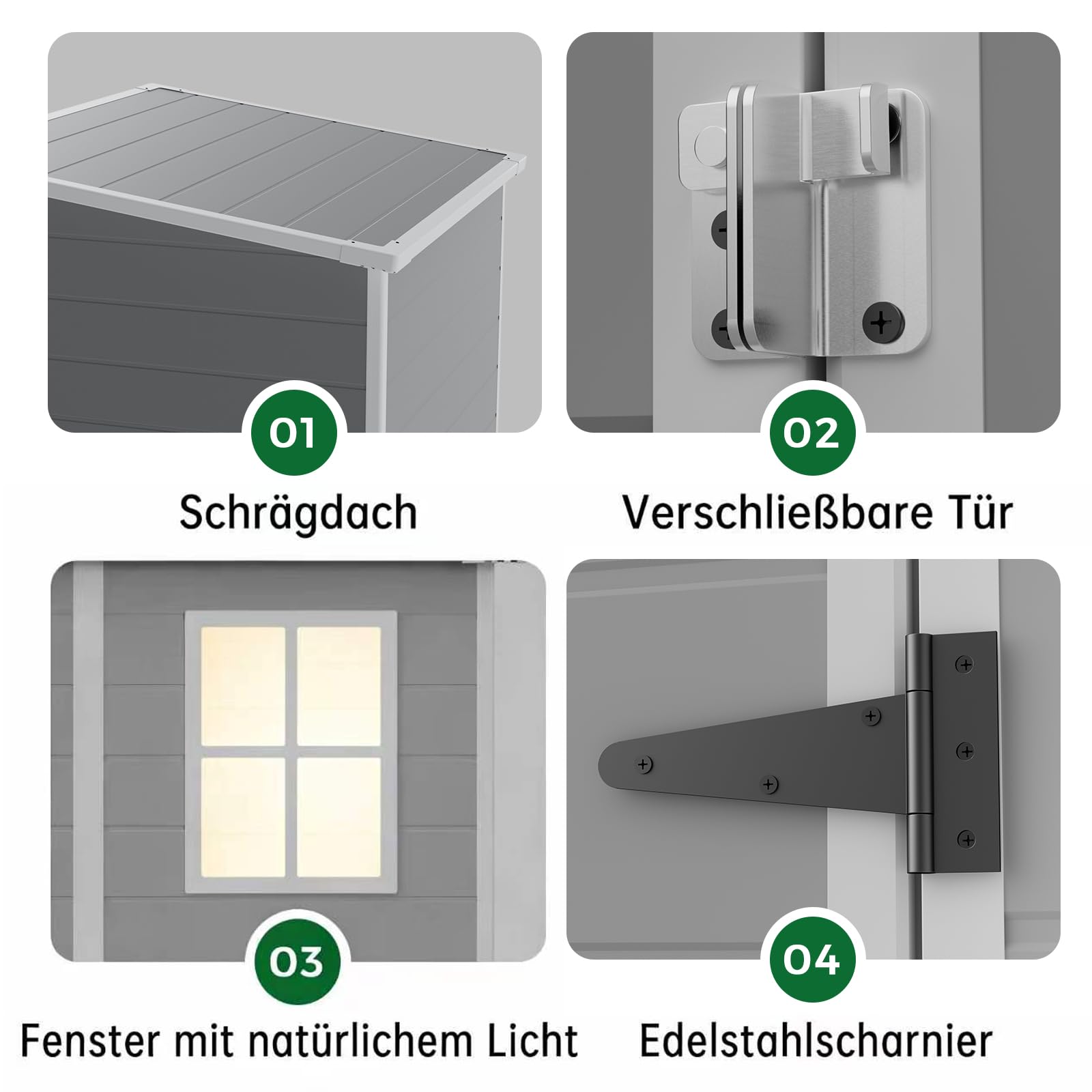 Kunststoff Gerätehaus mit Boden, 138x110.5x182 cm, wetterfestes Gartenhaus mit Fenster & abschließbarer Tür – ideal für Garten, Terrasse, Hinterhof & Werkzeuge
