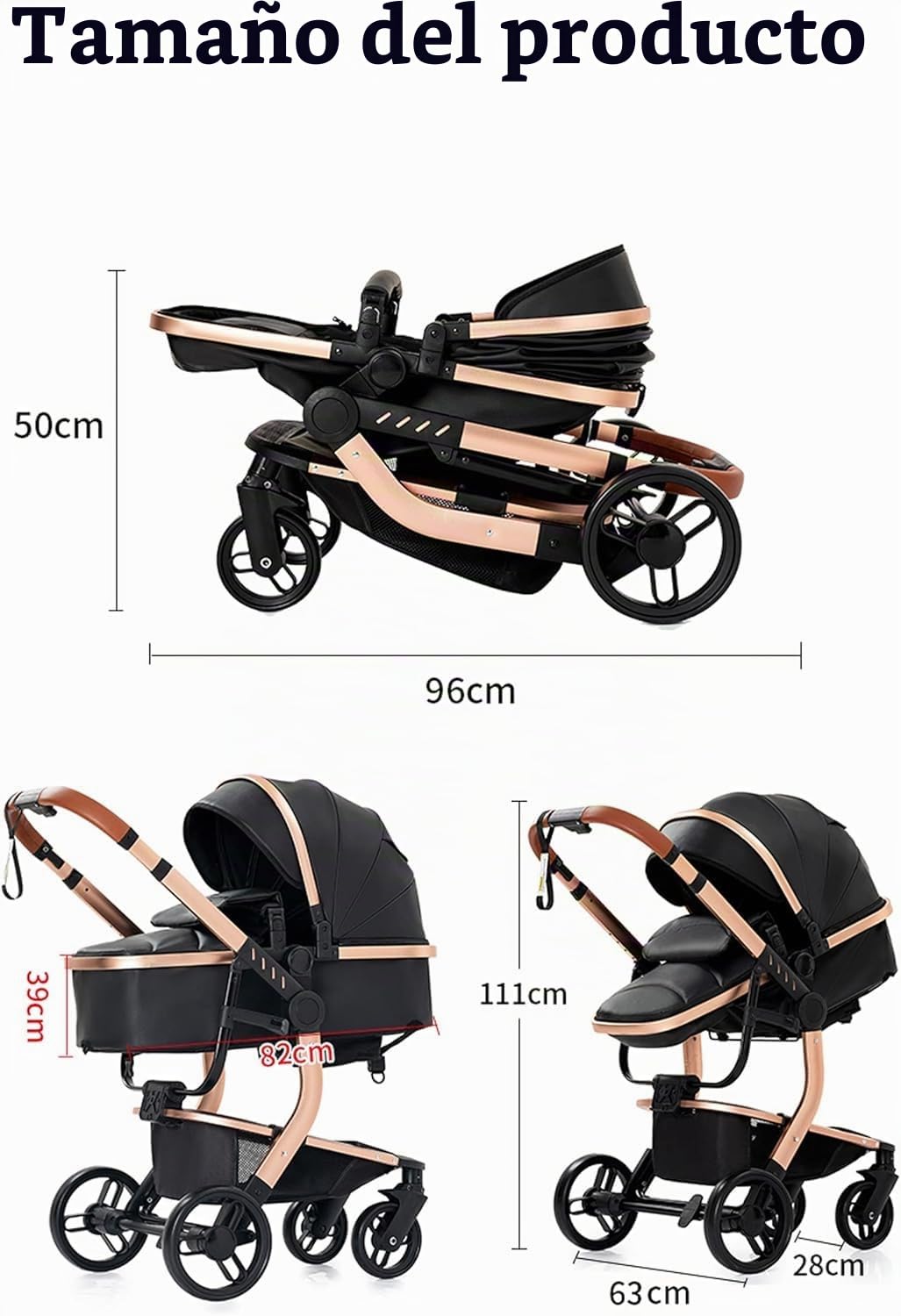 MoLi Cuero PU Carrito de Bebe 3 en 1, Carro Bebe 3 Piezas Plegado Conveniente con Un Solo Clic, Carrito Bebe con Modo de Doble Empuje Reversible, Cochecito Bebe 3 Piezas Paisaje Alto (518 Black)
