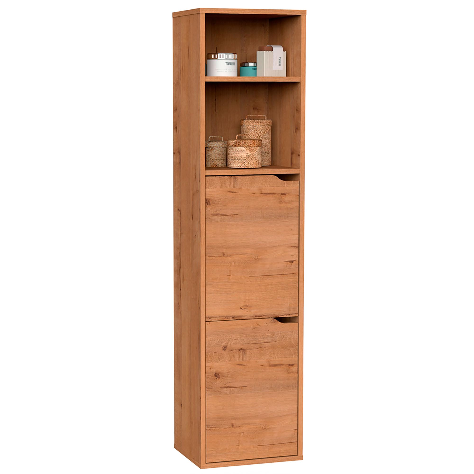 briebe Columna de Baño, Mueble Auxiliar Suspendido o al Suelo, Armario Alto Estilo Moderno 150x36,5x30 cm (Alto x Ancho x Profundo) Espacio de Almacenamiento 2 Estantes, 2 Puertas, Aura (Roble Gold)