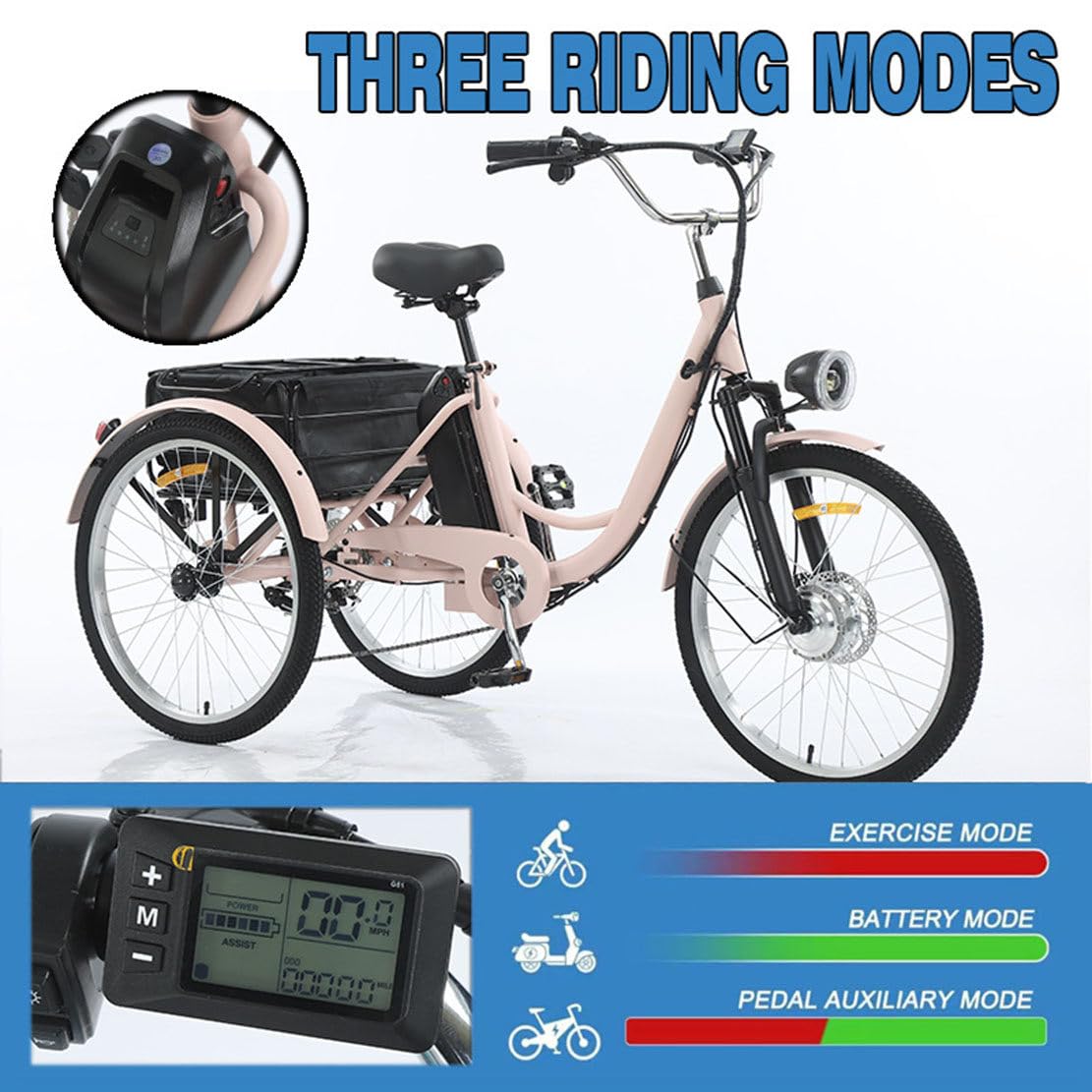 Triciclo Elettrico per Adulti, Bici Elettrica a 3 Ruote da 24", 7 velocità, con Cestino Capiente, Display LCD, 3 modalità di Guida, Ideale per Anziani E per Gli Spostamenti Quotidiani Pink
