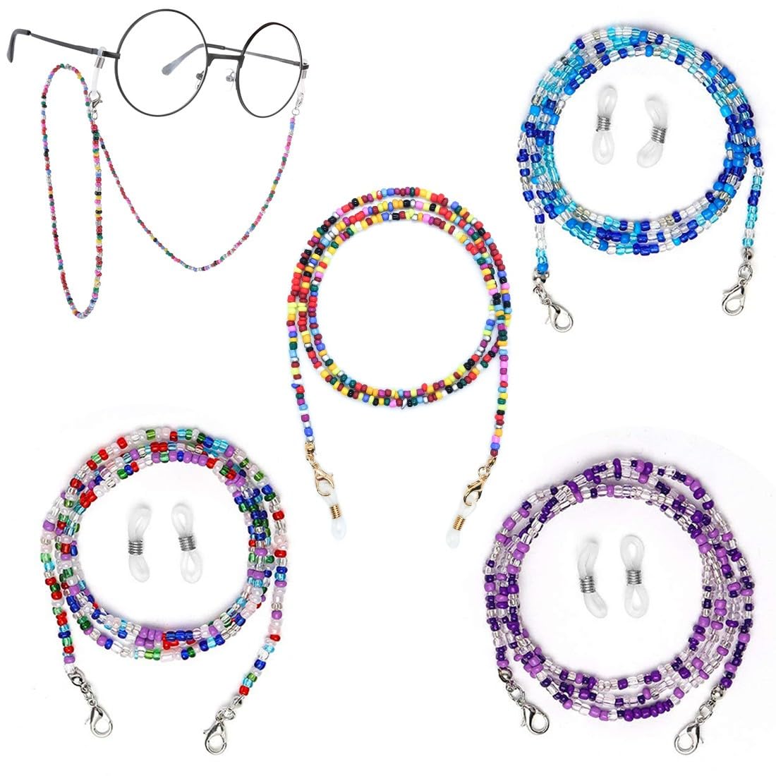 WXNPA Catene per Occhiali da Vista con Perline Catenina Occhiali Catena per Occhiali da Sole con Anelli in Silicone Antiscivolo per Donna Uomo (4 Pezzi)