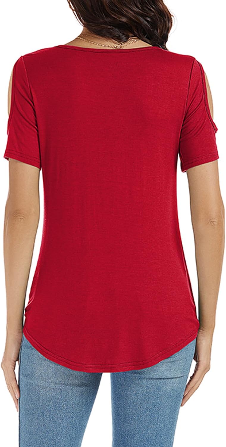 LEIYEE Womens Summer Cold Shoulder Tops Sexy Casual Short Sleeve Wrap V Neck T Shirts Cute Loose Fit Blouse - Image 2