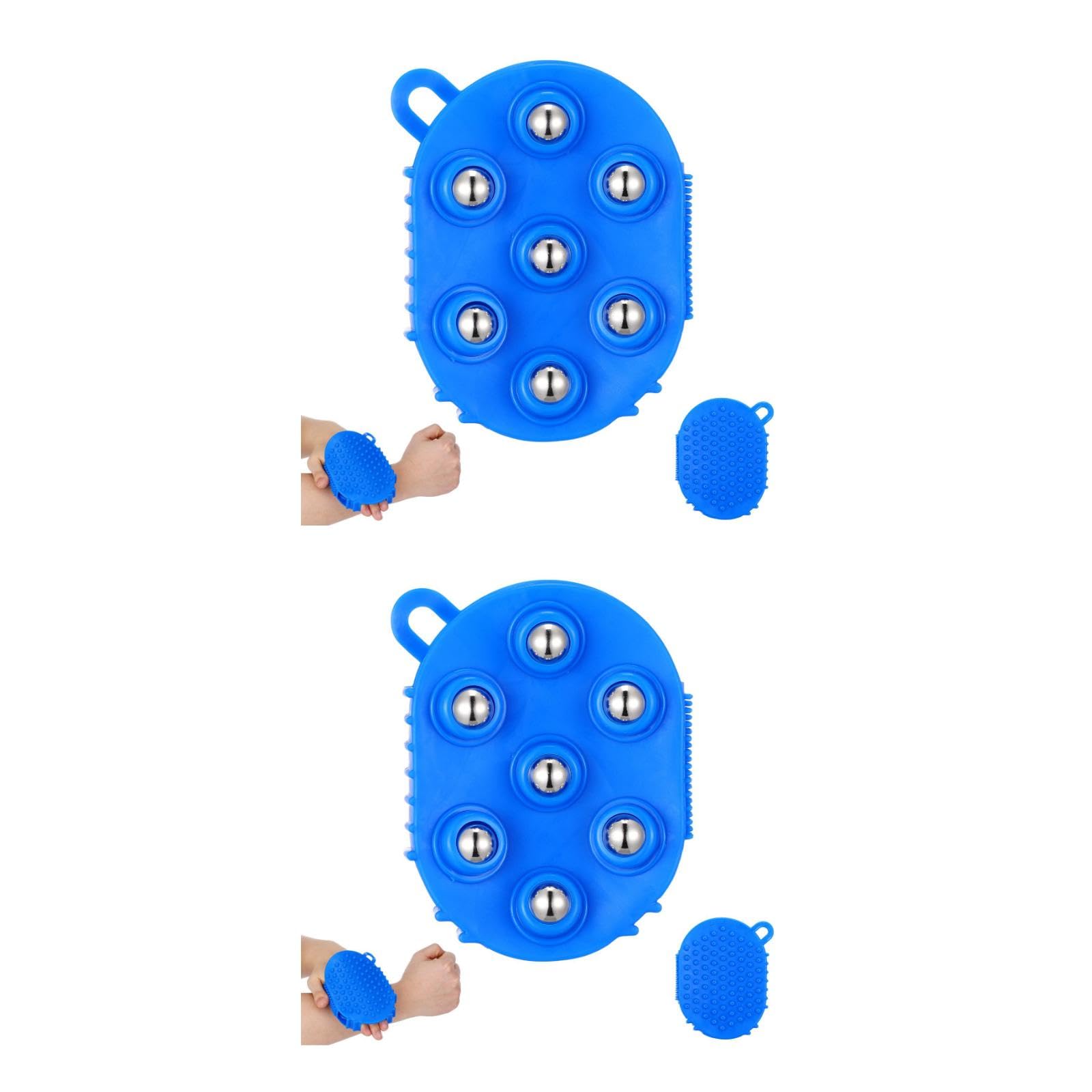 WRITWAA 2pcs Palm Shaped Massage Glove Massage Bath Brush with 7 Metal Roller Ball Handheld Body Massager for Relieving Pain Muscle Soreness Cellulite (Blue)
