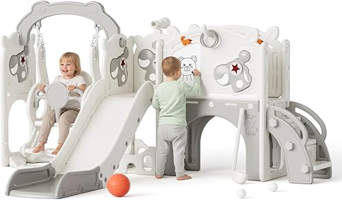 Miniatura 10 de Mloong Juego de tobogán y columpio 12 en 1 para niños pequeños, tobogán para niños pequeños de 1-3 años, bebé, interior y exterior con aro de Beige