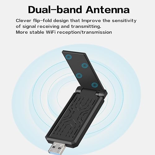Miniatura 4 de Adaptador USB WiFi 6, adaptador WiFi USB, 802.11AX, AX1800M, 2.4GHz574Mbps+5GHz1201Mbps, antena de doble banda 5dBi de alta ganancia, WPA3,