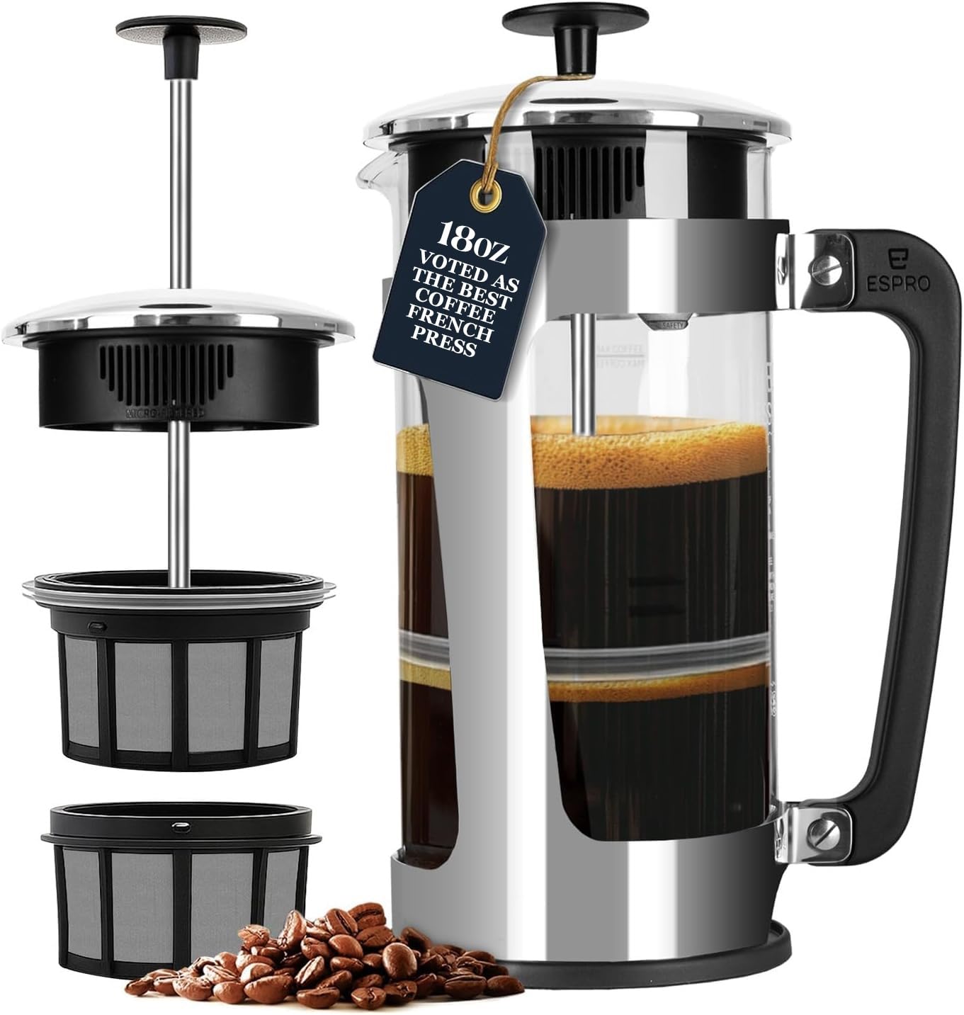 P5 French Press Coffee Maker – Patented Double Micro-Filter for Grit Free Brew, Heat-Resistant Thicker Borosilicate Glass Coffee Press – 18 oz