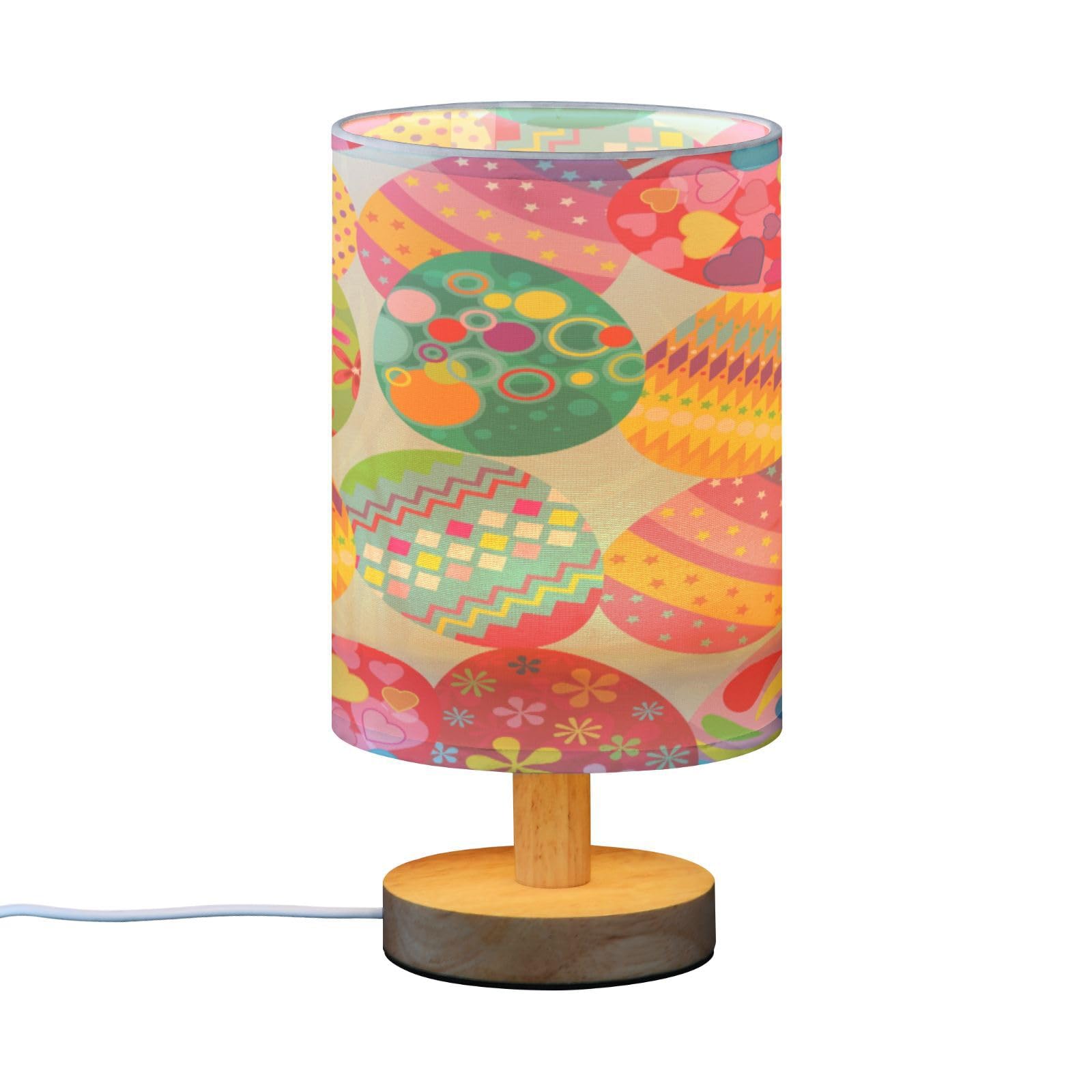 SDMKA Easter Eggs Pattern Bedside Table Lamp for Bedroom, Minimalist Nightstand Lamp with Round Fabric Shade for Living Room, Office, No Bulb Required