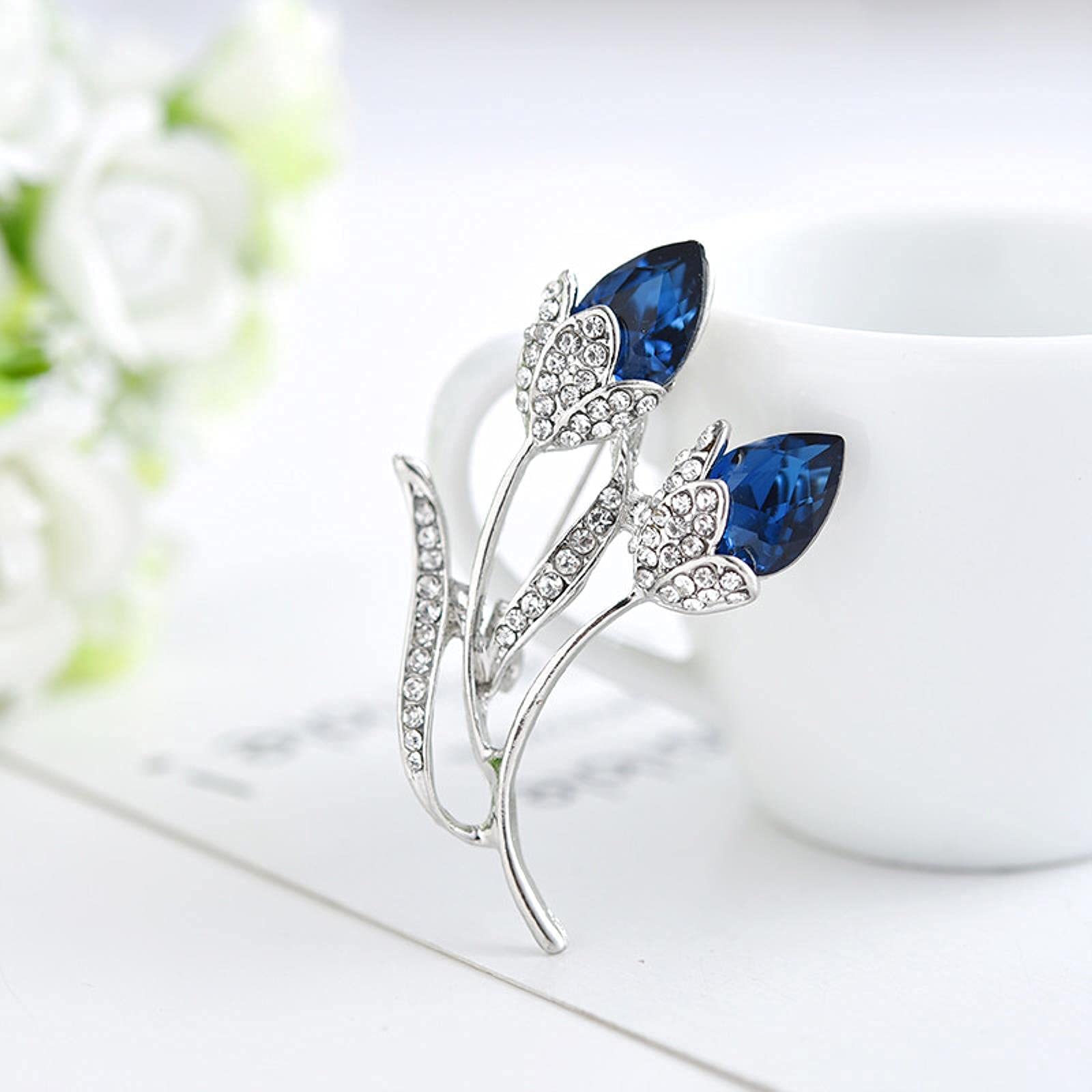 Brooch Fashion Exquisite and Elegance Crystal-Encrusted Tulip Flower pins Concise Style Birthday Party Gift Women Girl (Blue)