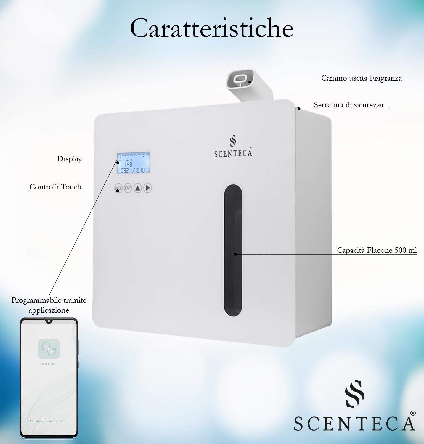 SCENTECA Diffusore elettrico Mod. AD-P7 di oli essenziali a nebulizzazione, con fragranza Tè Bianco e Fiori di Primavera inclusa, copre fino a 300 mq, per casa e ufficio (100 ml)