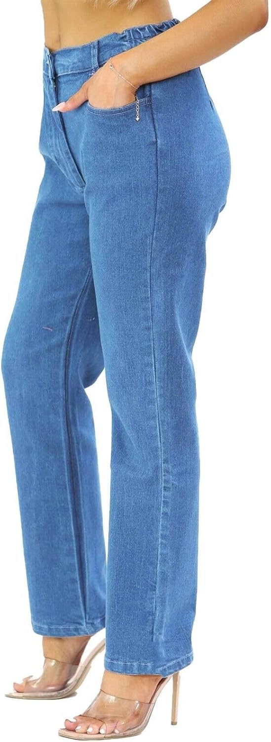 UK Dispatch Womens Side Elastic Waist Jeans Straight Leg Regular Fit 31″ Leg Tall Ladies