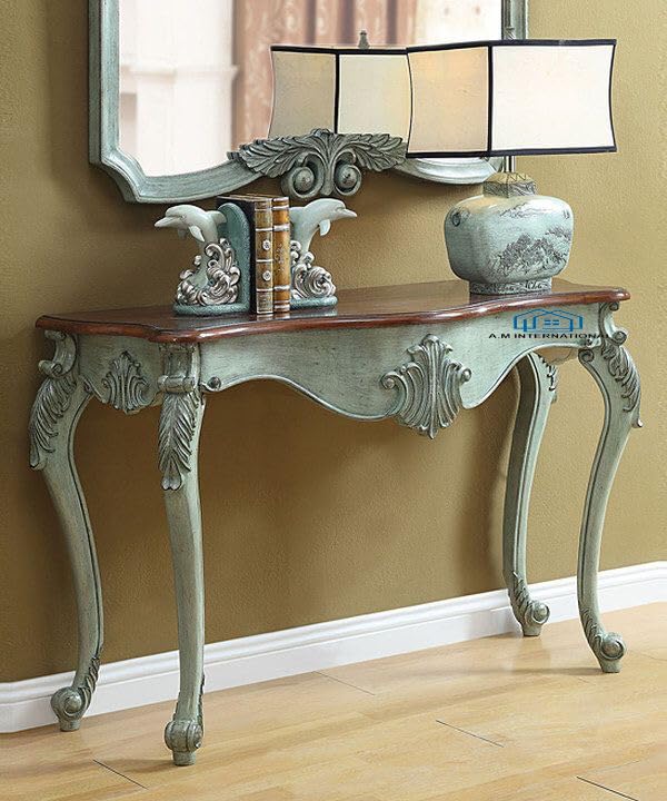 A.M INTERNATIONAL Wooden Carved Console Table in Solid Mango Wood with Natural Wood Finish Top for livingroom, Hall, enterway, Office Size 48 * 30 * 15 inch Green Distress (Antique Green)-image-32