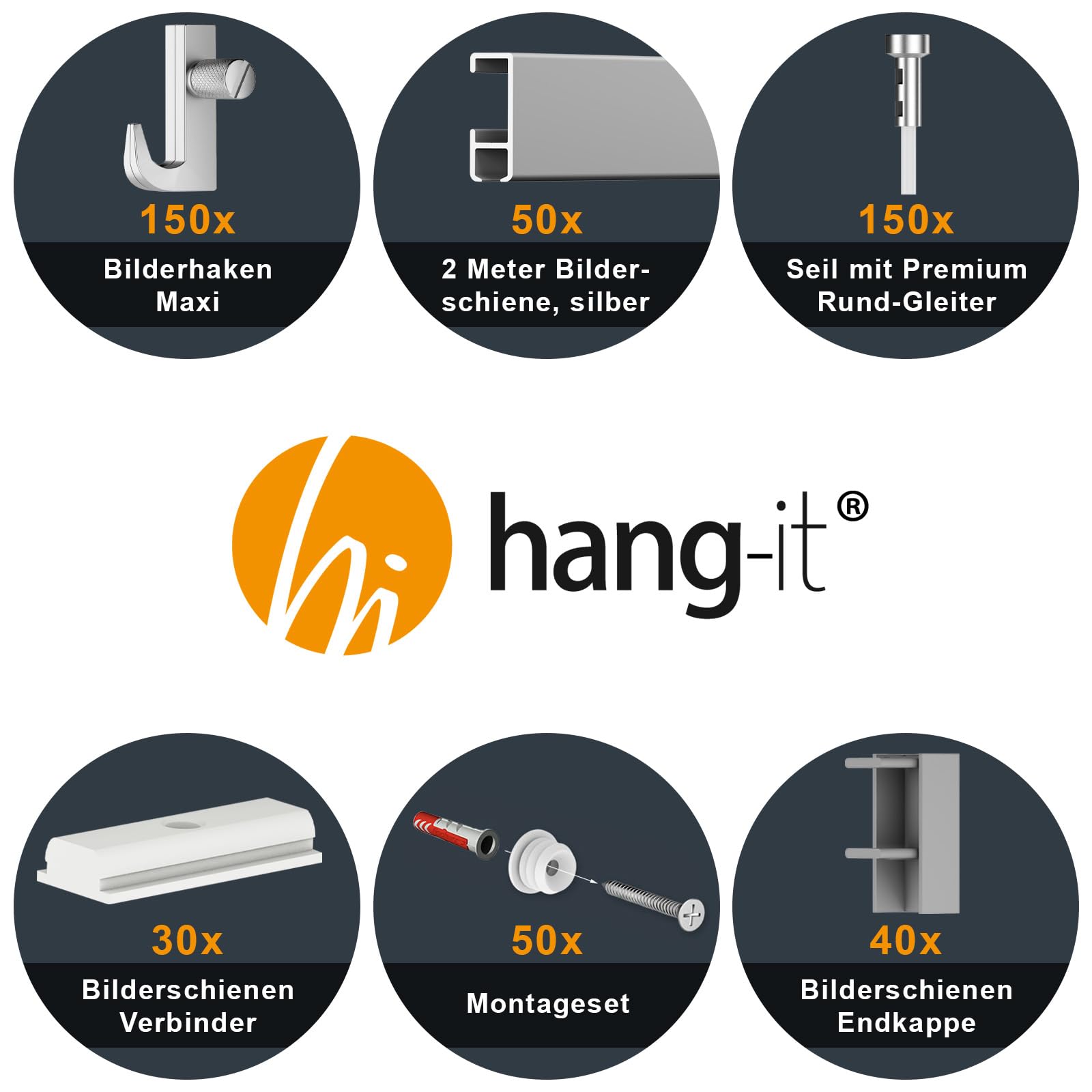 hang-it 100 Meter Bilderschienen - Select - Komplett Set in Silber