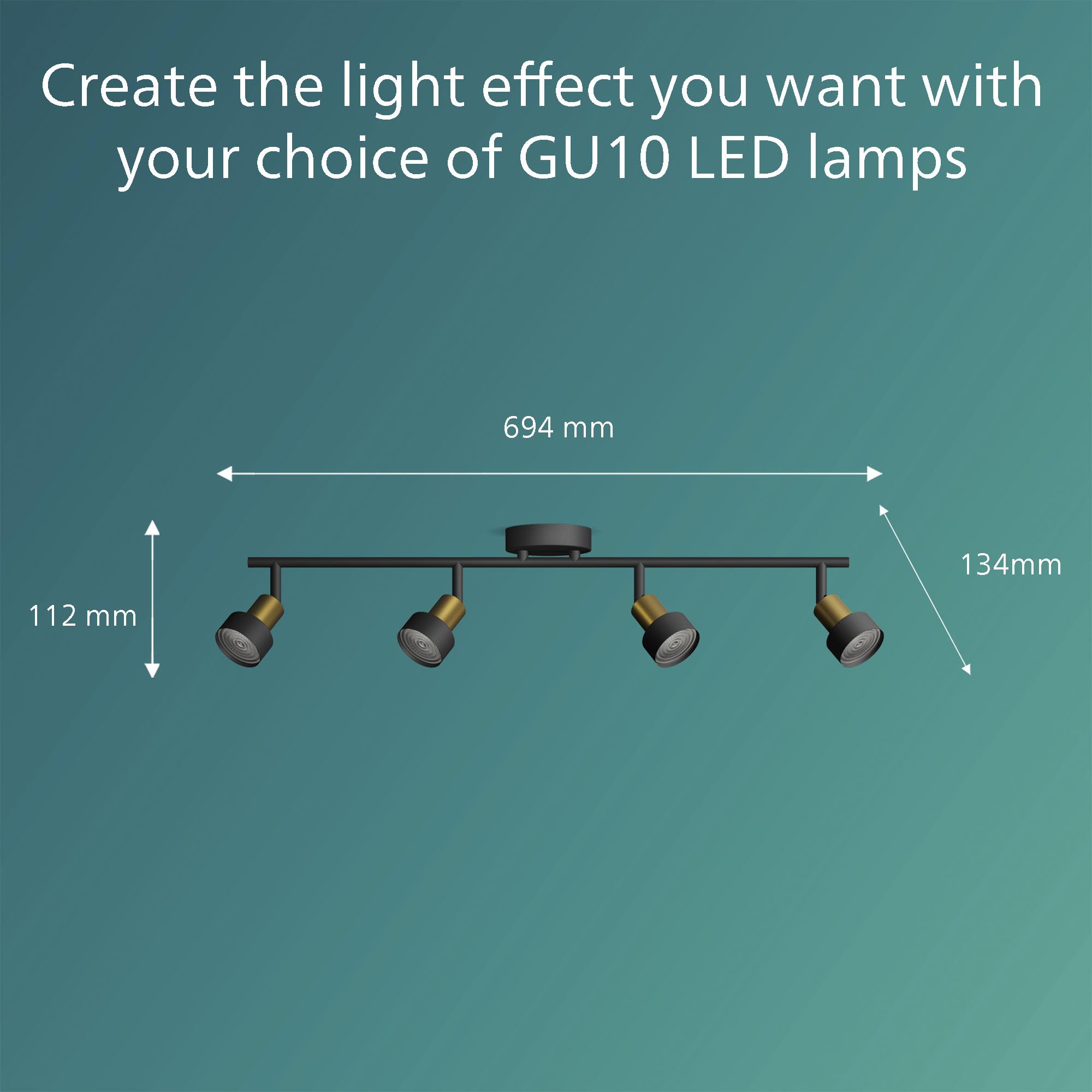 PHILIPS Conduit Spot 4-Head, GU10 not Included, Brass, IP20, Black-Gold, Black/Gold - Image 3