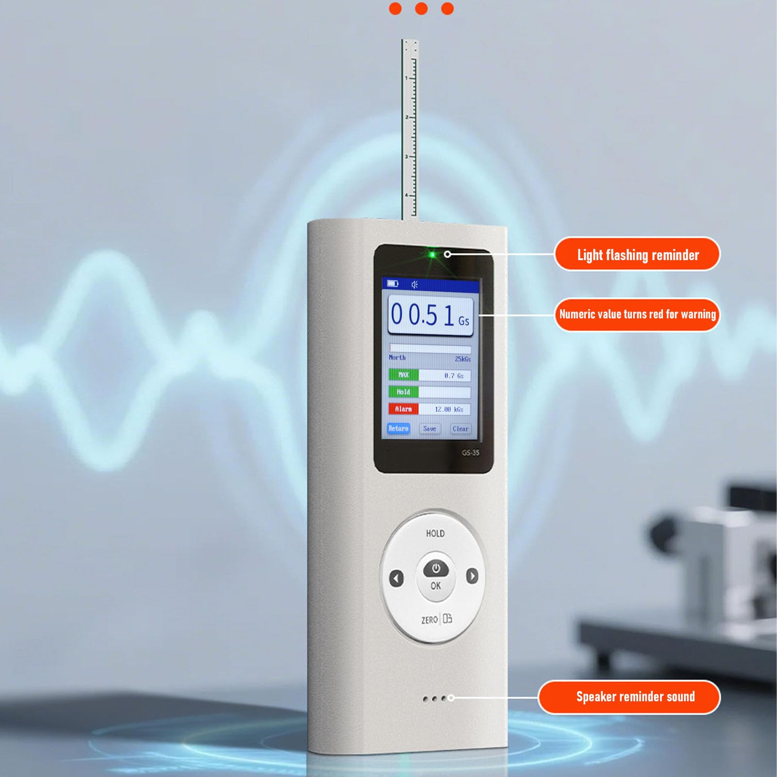ASHATA Medidor de Gauss Digital Portátil, Probador de Fuerza de Campo Magnético con Pantalla Retroiluminada para Investigación de Laboratorio, Material ABS