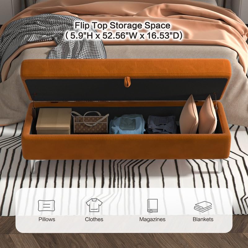 Image of Velvet Storage Ottoman Bench | Upholstered 2 Seater Bench with Hidden Storage | Modern End of Bed Bench for Bedroom Living Room Entryway | Lounge Footrest Seat with Metal Legs | Orange