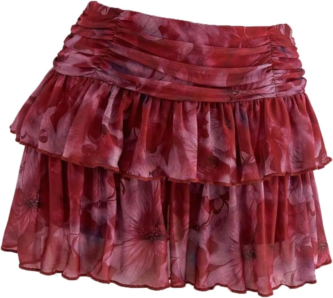 GORGLITTER Women's Ruffle Flowy Floral Mini Skirt Y2k Mesh High Waisted Layered Skirts with Shorts Underneath