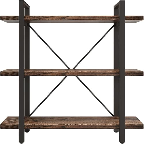 Miniatura 10 de Estantería de 4 niveles de madera maciza y estantes para libros, estantería de madera y metal, estantería rústica abierta para oficina, color marrón