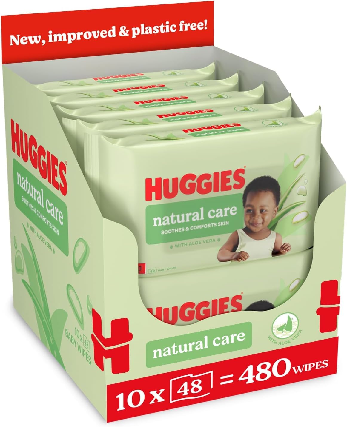 Huggies Natural Care Baby Wipes - Pack of 10 (480 Wipes) – Plastic Free Wet Wipes with Aloe Vera & Vitamin E, Hypoallergenic, Comfort and Soothe Baby's Delicate Skin