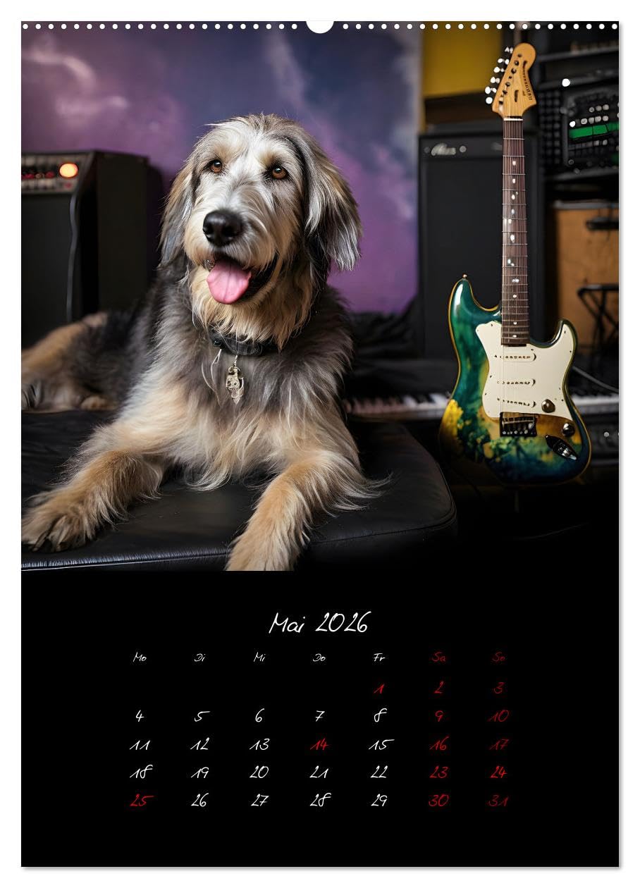 Gitarren und Hunde mit Herz (Wandkalender 2026 DIN A2 hoch), CALVENDO Monatskalender: Amüsante Darstellungen von Hunden, die mit Stolz die Gitarre ihres Herrchens präsentieren (CALVENDO Kunst)