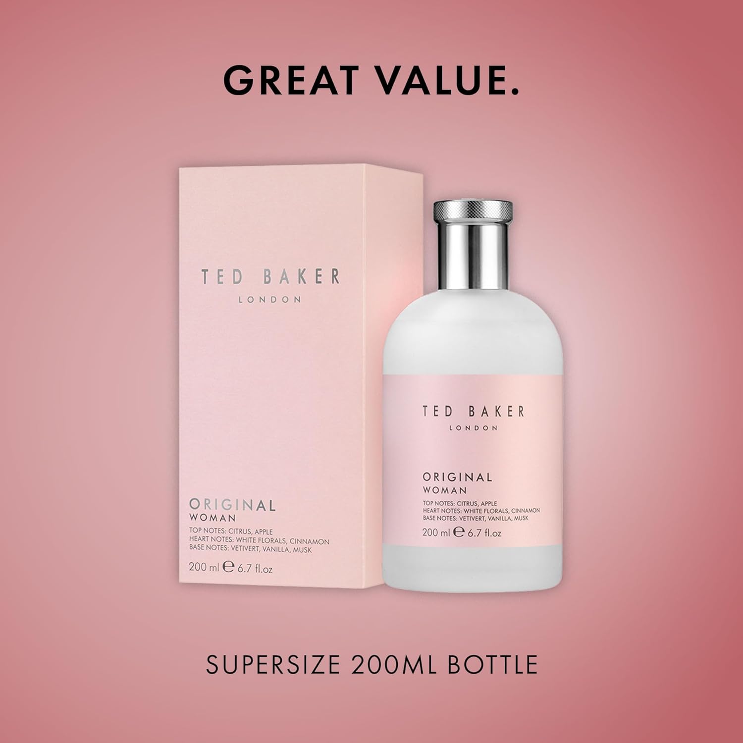 Ted Baker Woman Pink EDT, floral green feminine fragrance, opening notes are fresh peach, bergamont and tangerine with warm musk, vanilla and vetiver base notes, 6.76 fl oz